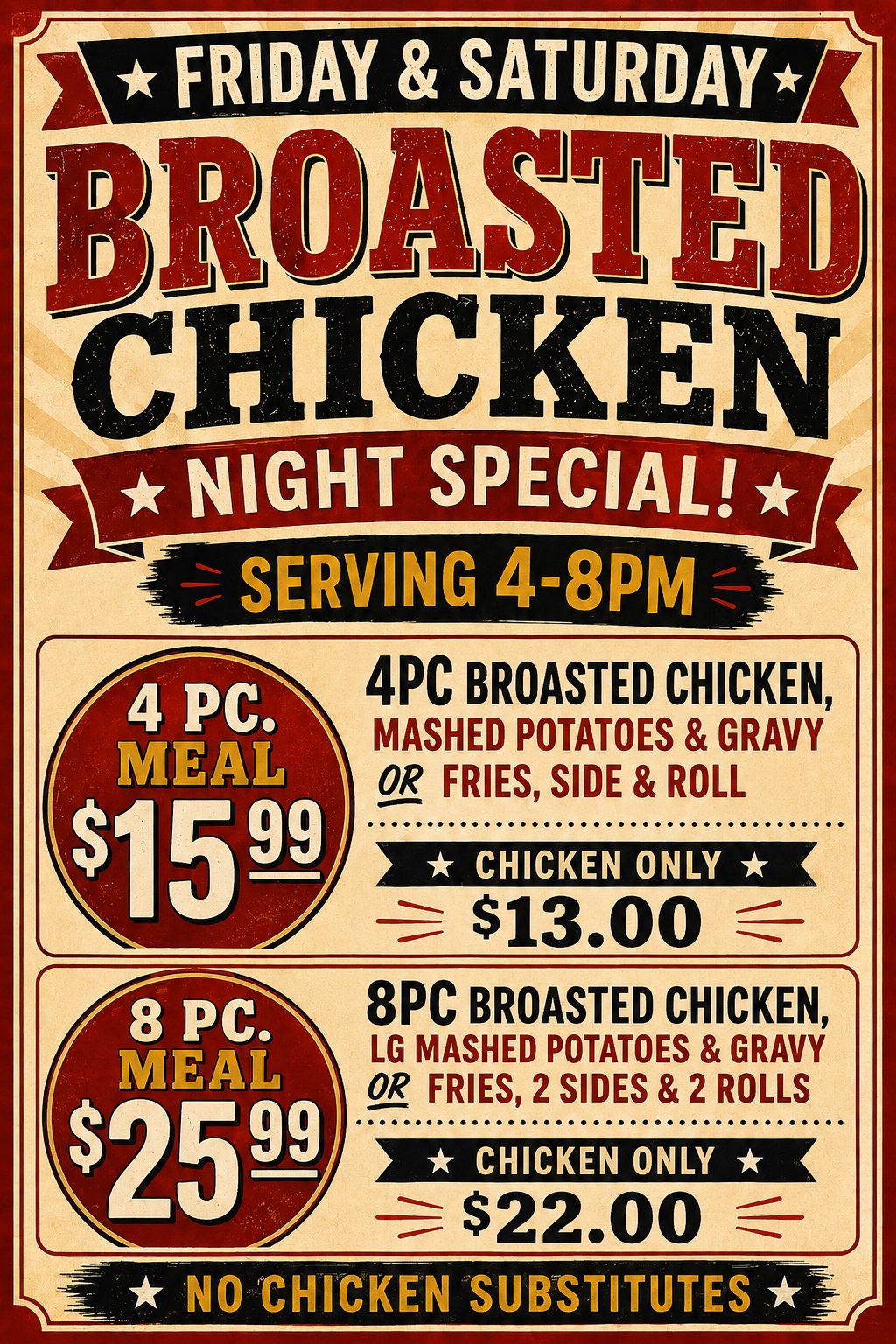 Broasted chicken prices for 4 piece and 8 piece meals.